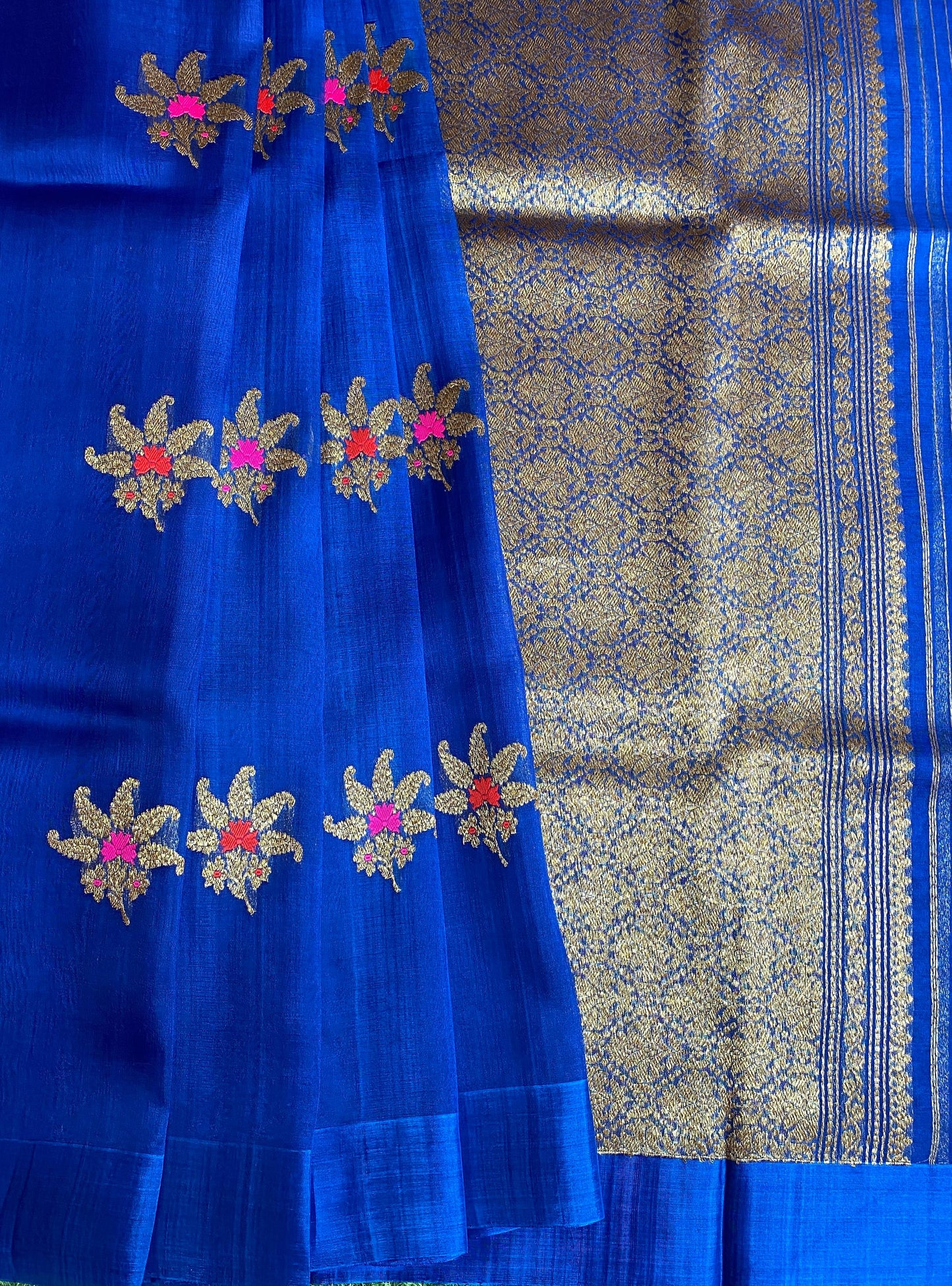 Indigo Blue Kora Banarasi Silk Saree, With Unstiched Blouse