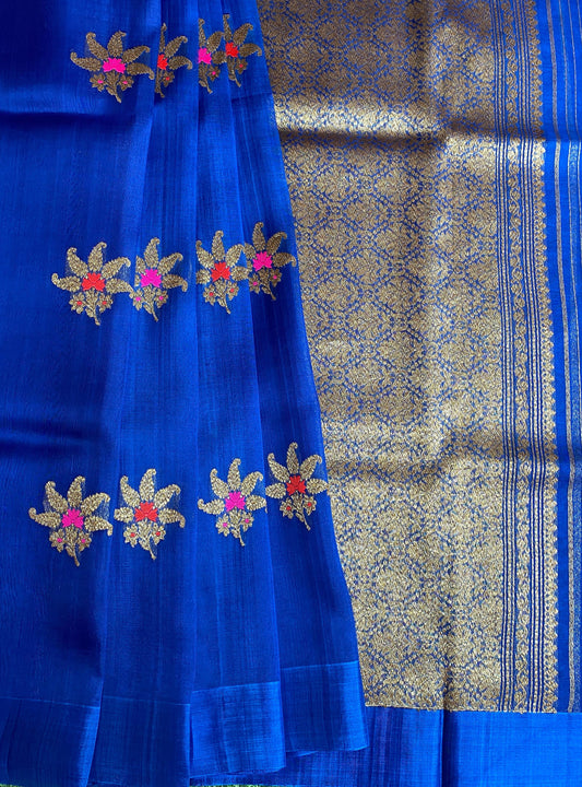 Indigo Blue Kora Banarasi Silk Saree, With Unstiched Blouse
