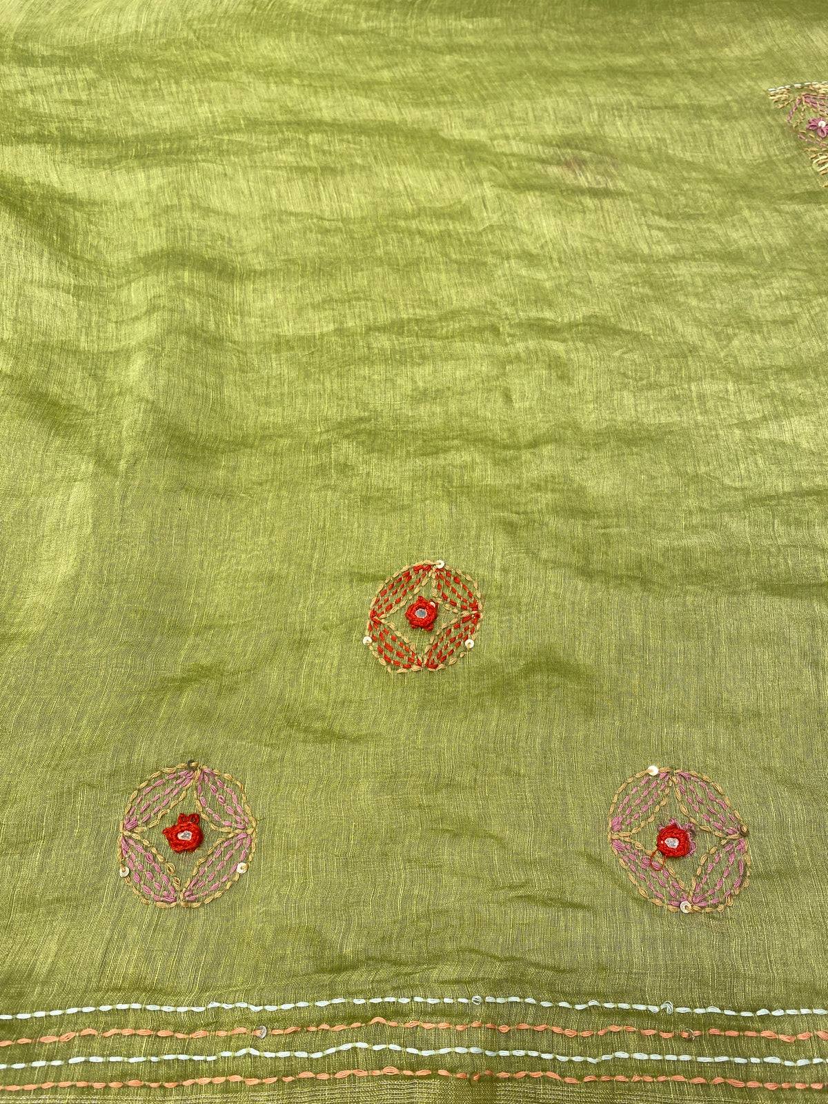Light Green Linen Silk Saree Hand Embroidered Work, With Unstiched Blouse