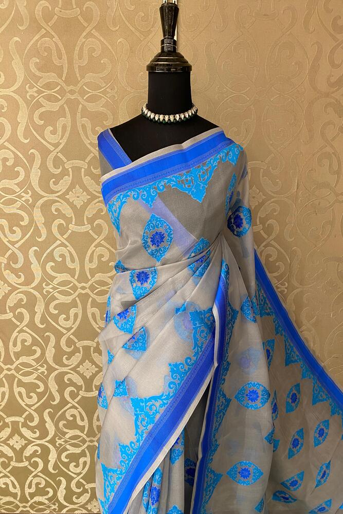 Grey & Blue Muslin Jamdani Saree, With Unstiched Blouse