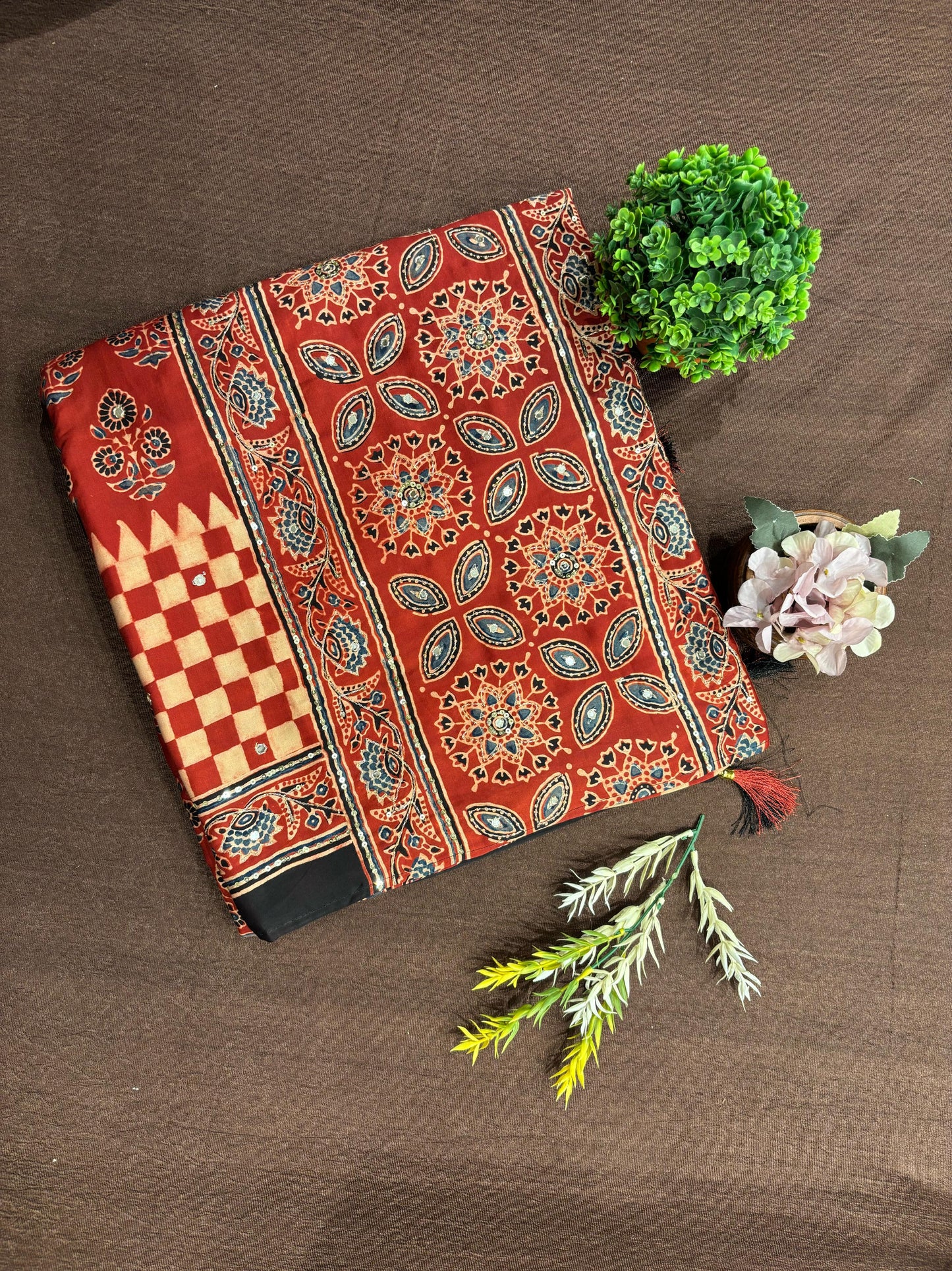 Maroon Pure Modal Silk Ajrakh Printed Saree With Unstiched Blouse
