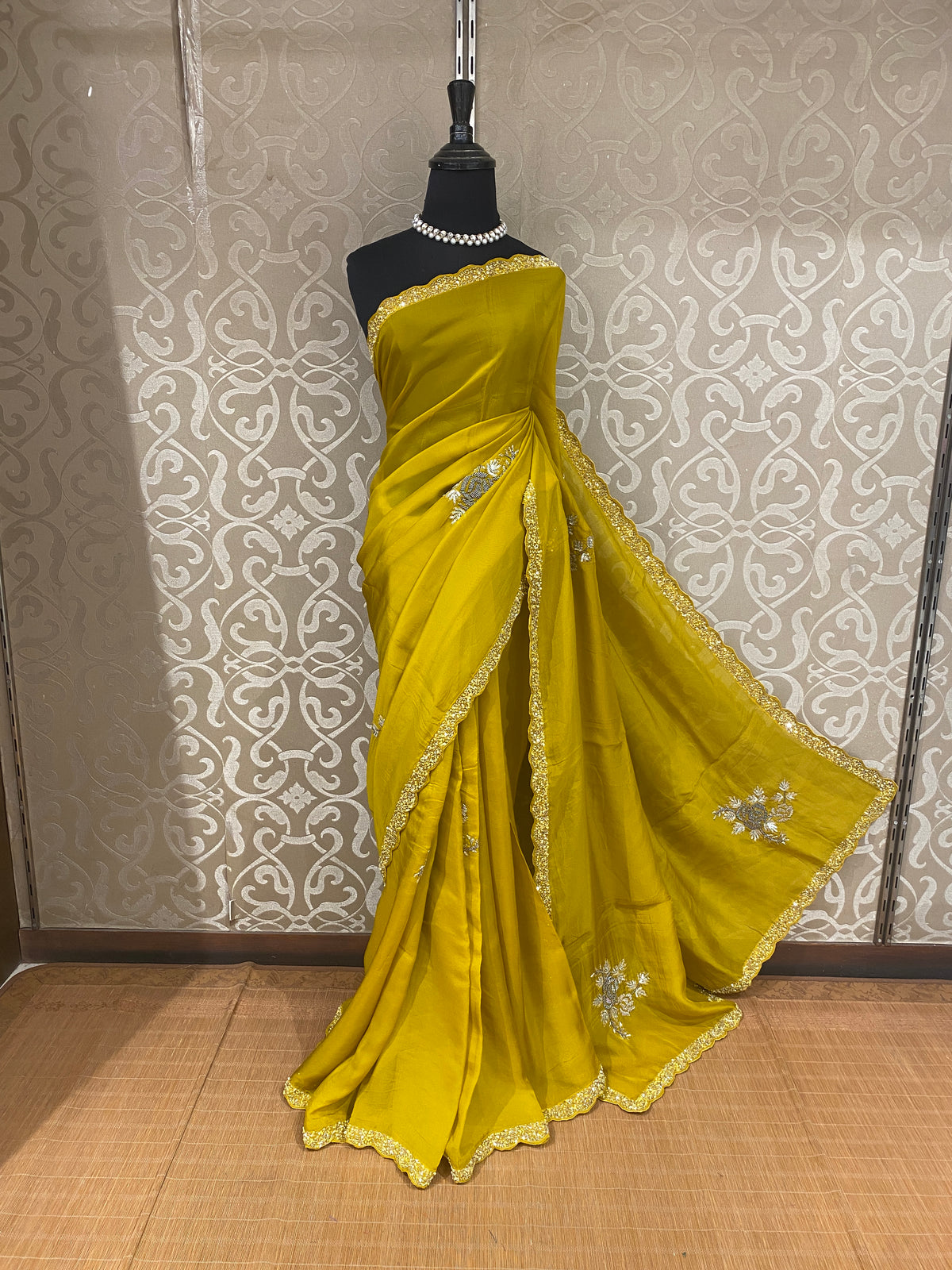 Yellow Organza Silk Embroidery Saree, With Readymade Blouse