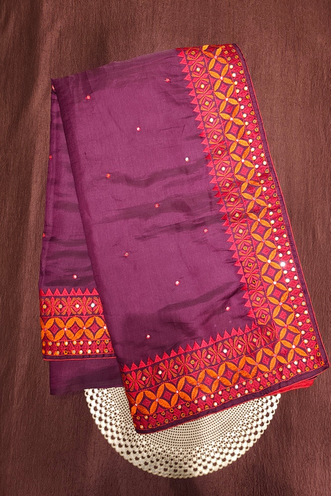 Deep Purple Semi Munga Silk Cross Stitch Work Saree, With Unstiched Blouse