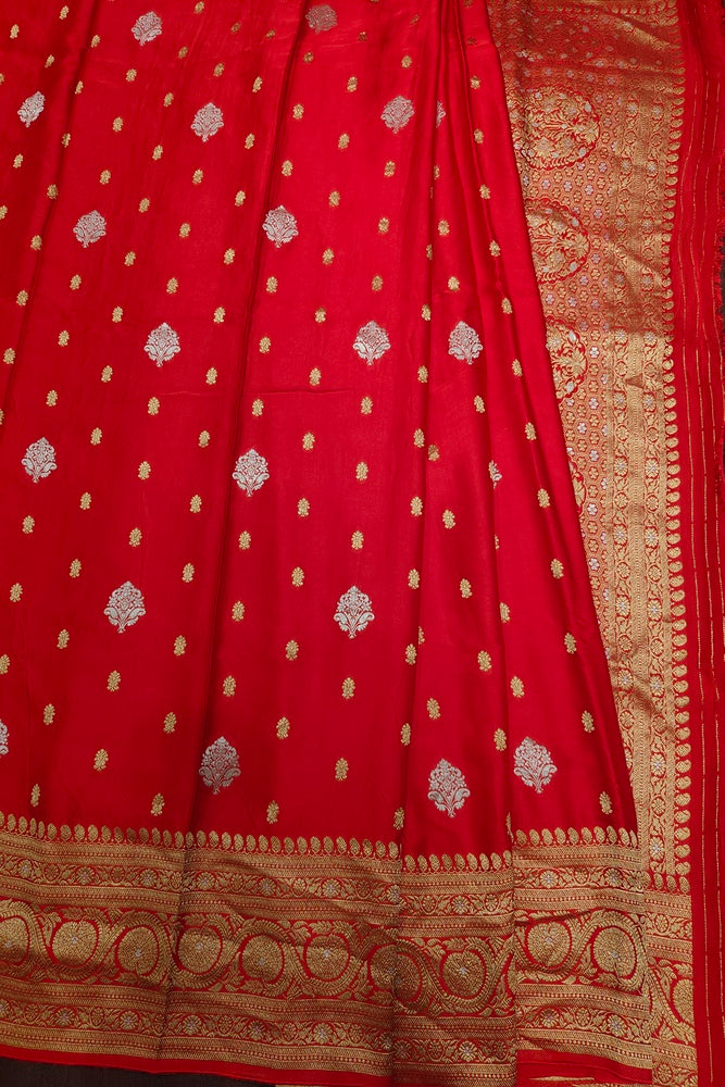 Red Semi Mashru Silk Sarees With Unstiched Blouse