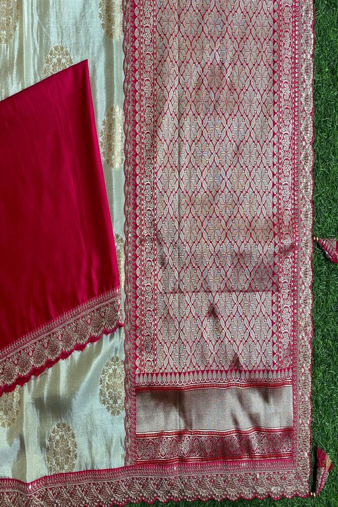 Off-White Gold Tissue Khaddi With Embroidery Border Saree, With Unstiched Blouse