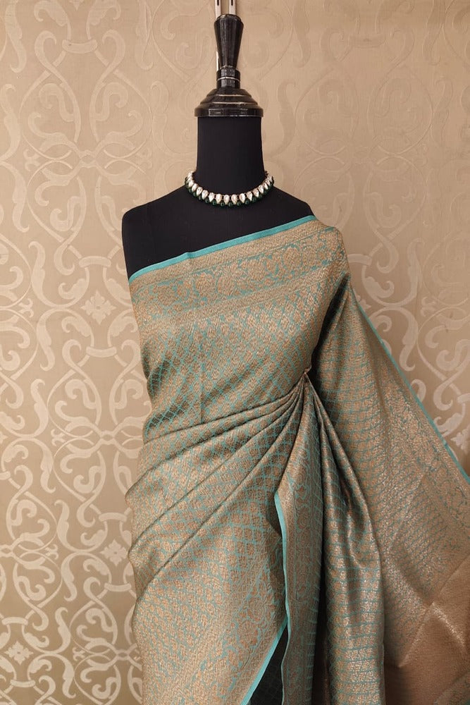 Beige & Blue Brocade Kora Banarasi Silk Saree, With Unstiched Blouse