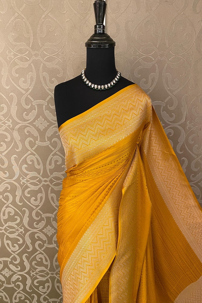 Mustard Yellow Tanchoi Silk Saree Self Weaving With Unstiched Blouse