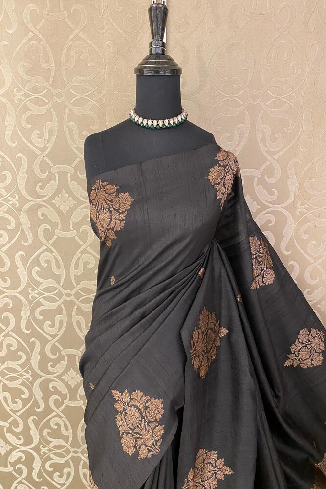 Black Pure Raw Tussar Banarasi Silk Saree, Hand Woven Motifs With Unstiched Blouse