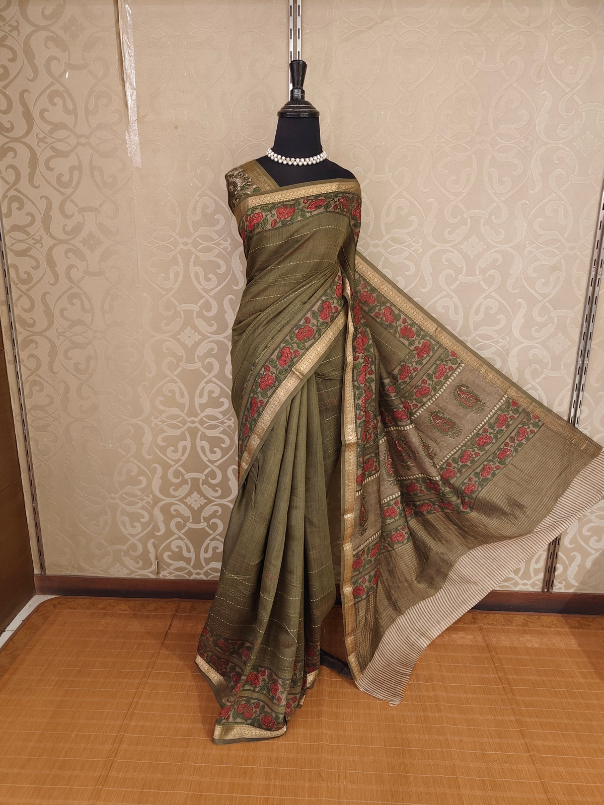 Olive Green Munga Silk Printed Saree With Kantha Work, With Unstich Blouse