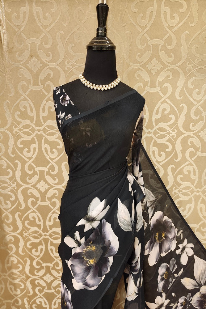 Black Floral Printed Chiffon Saree, With Unstiched Blouse Piece