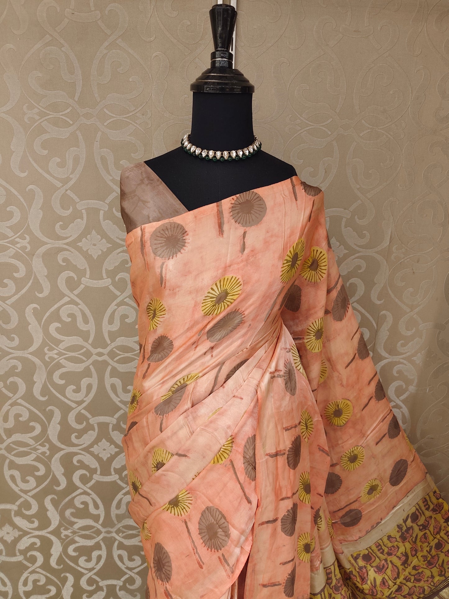 Peach Pure Modal Silk Ajrakh Printed Saree With Unstich Blouse