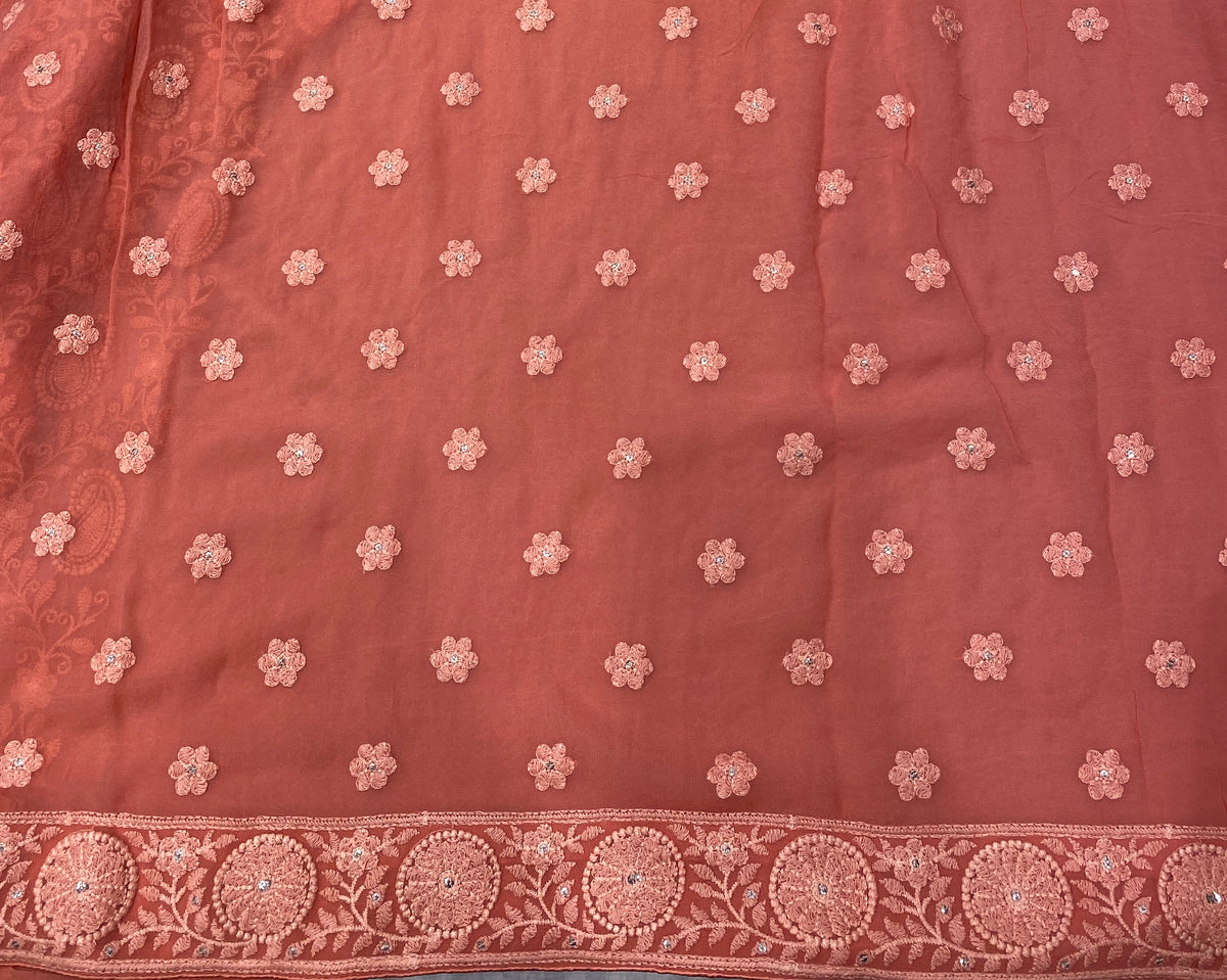 Pink Georgette Chikankari Embroidery Saree, With Unstitched Blouse