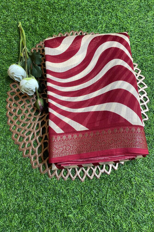 Red and white cotton Chanderi saree with intricate traditional patterns and an attached unstiched blouse from Saarang Sarees.