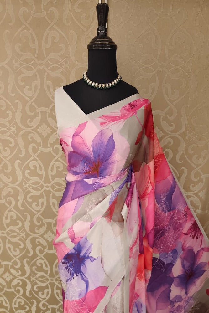 Off-White & Multi Floral Printed Satin Crepe Saree, With Unstiched Blouse