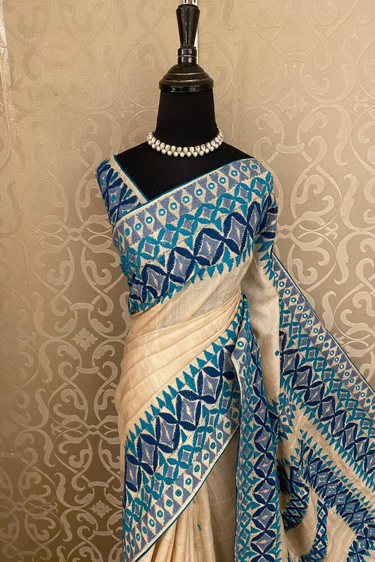 Off-White Tussar Embroidery Saree With Kathiawari Work Border, With Unstitched Blouse
