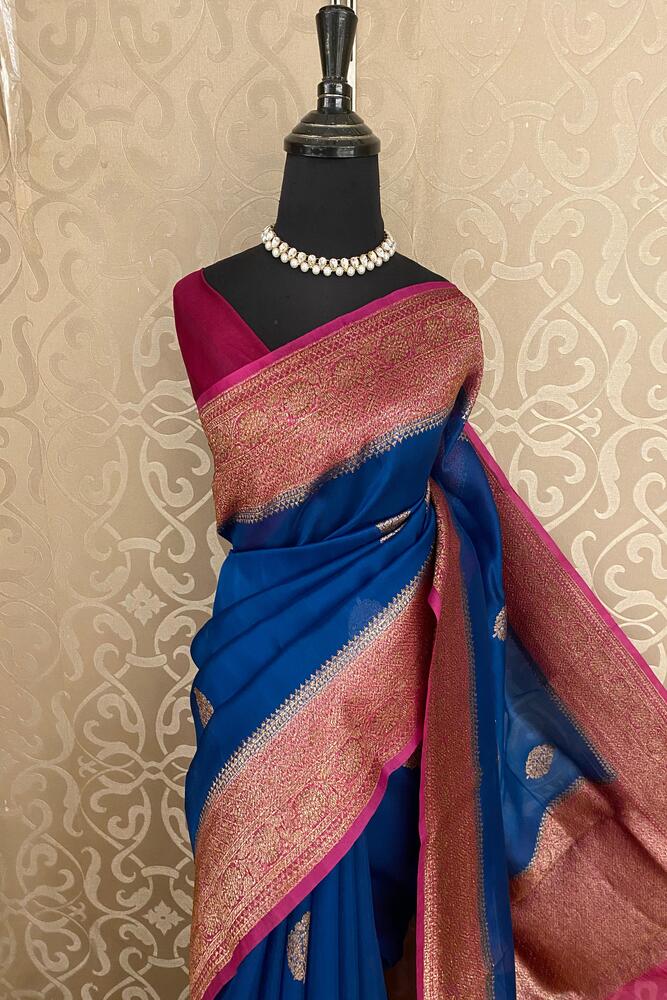 Indigo Blue Kora Banarasi Silk Saree, With Unstiched Blouse