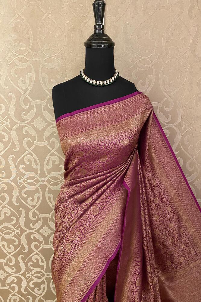 Deep Purple Brocade Kora Banarasi Silk Saree, With Unstiched Blouse