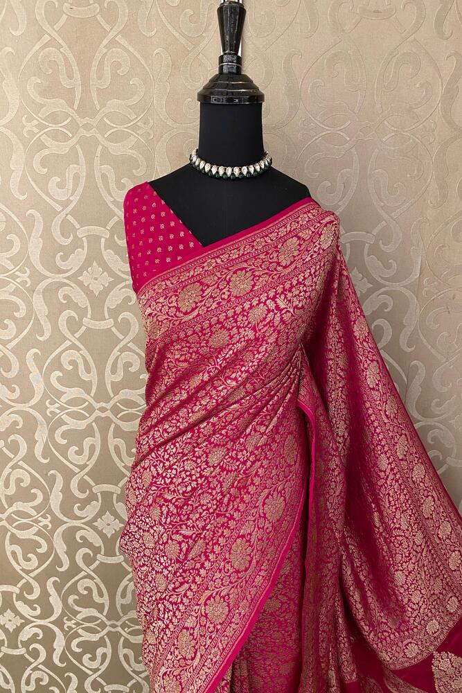 Magenta Crepe Khaddi Banarasi Silk Saree With Unstiched Blouse