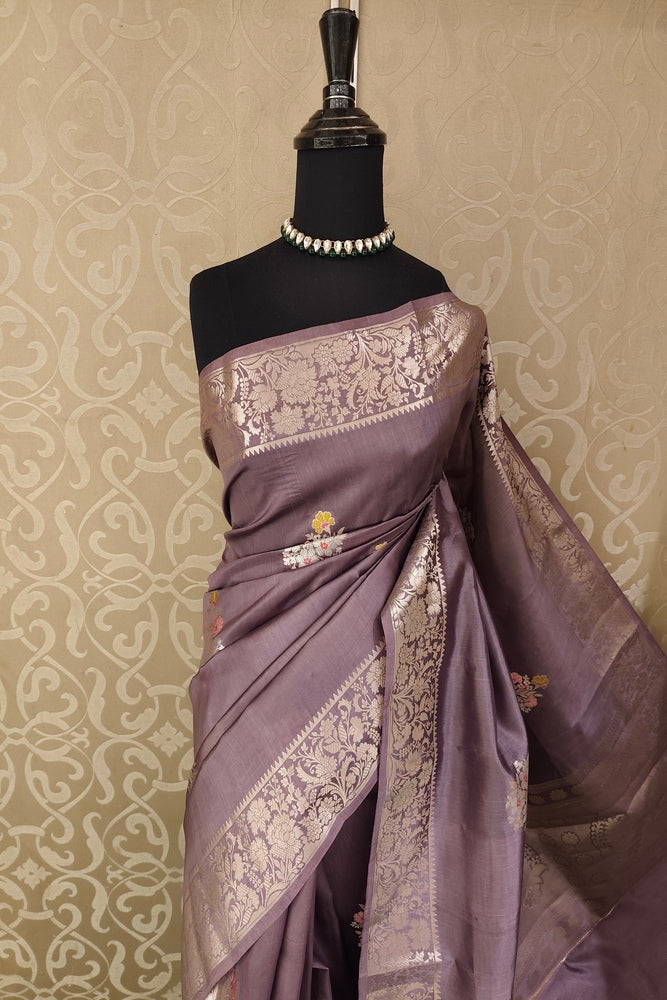 Dusty Purple Chiniya Silk Saree Hand Woven Butas, With Unstiched Blouse