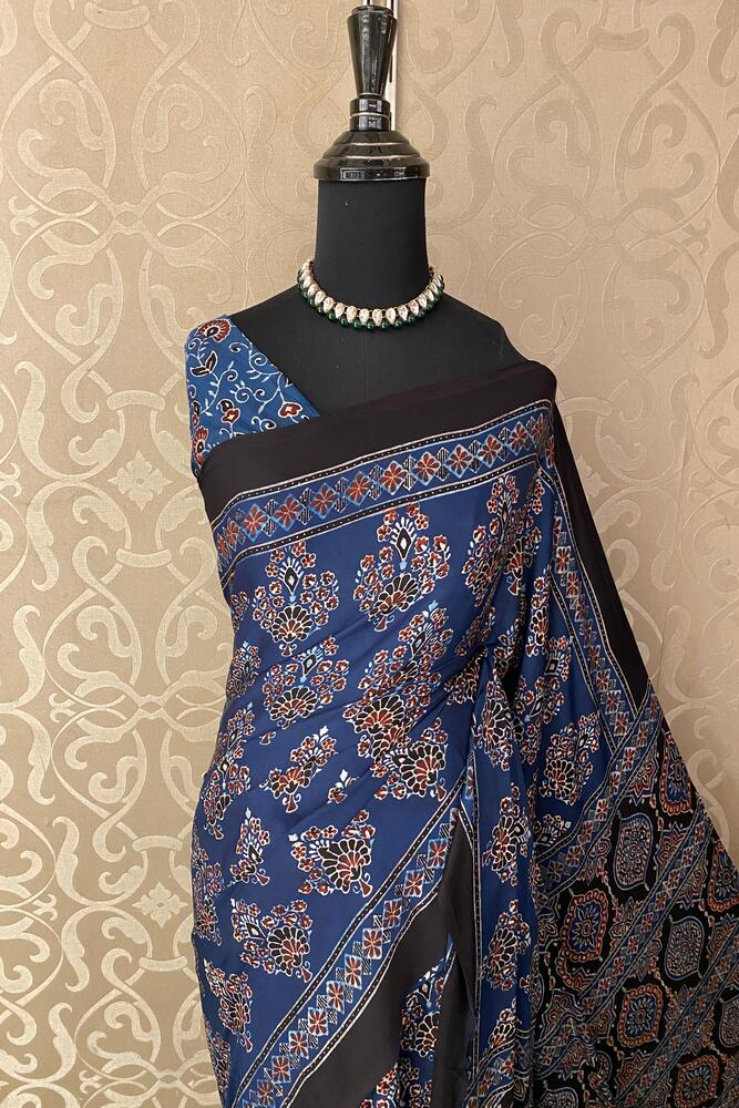 Deep Blue Pure Modal Silk Ajrakh Printed Saree With Unstiched Blouse