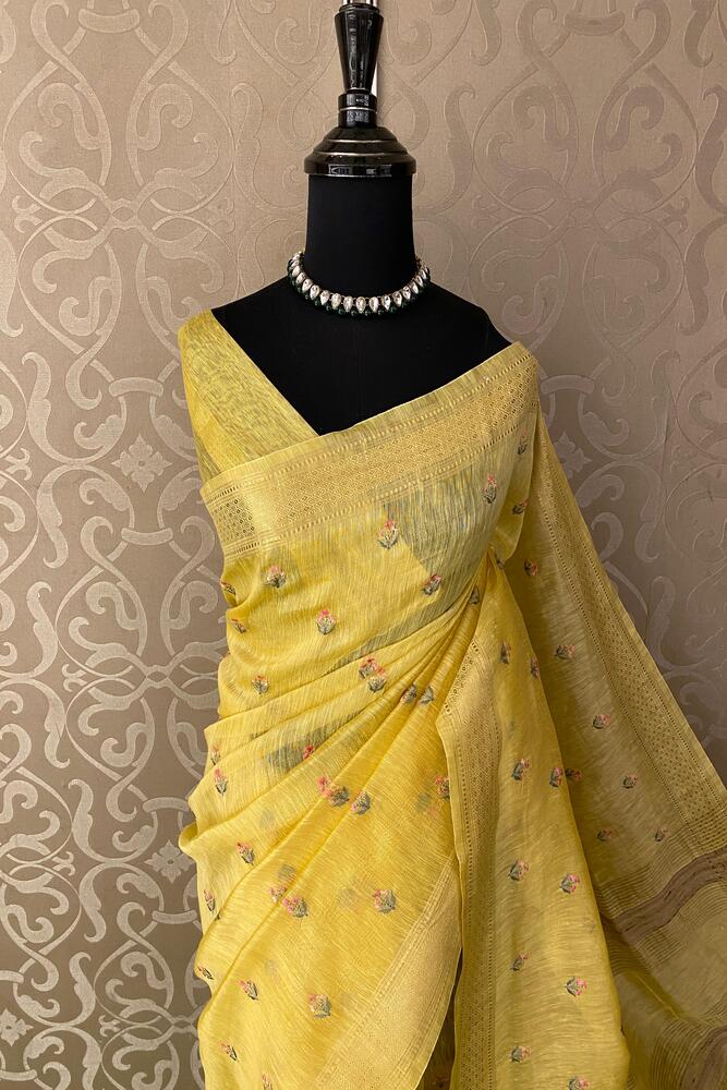 Yellow Pure Linen Kashmiri Work Saree With Unstiched Blouse