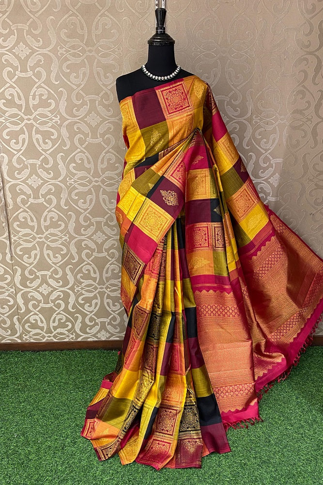 Multi Pure Kanjeevaram Silk Saree, With Unstiched Blouse