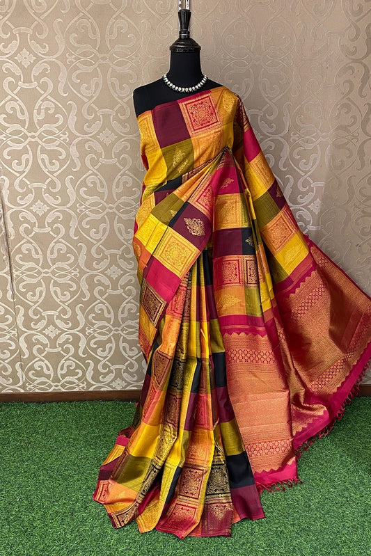 Multi Pure Kanjeevaram Silk Saree, With Unstiched Blouse