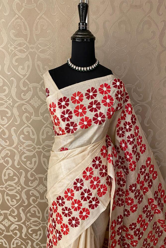 Beige Tussar Embroidery Saree With Kantha Work Border, With Unstitched Blouse