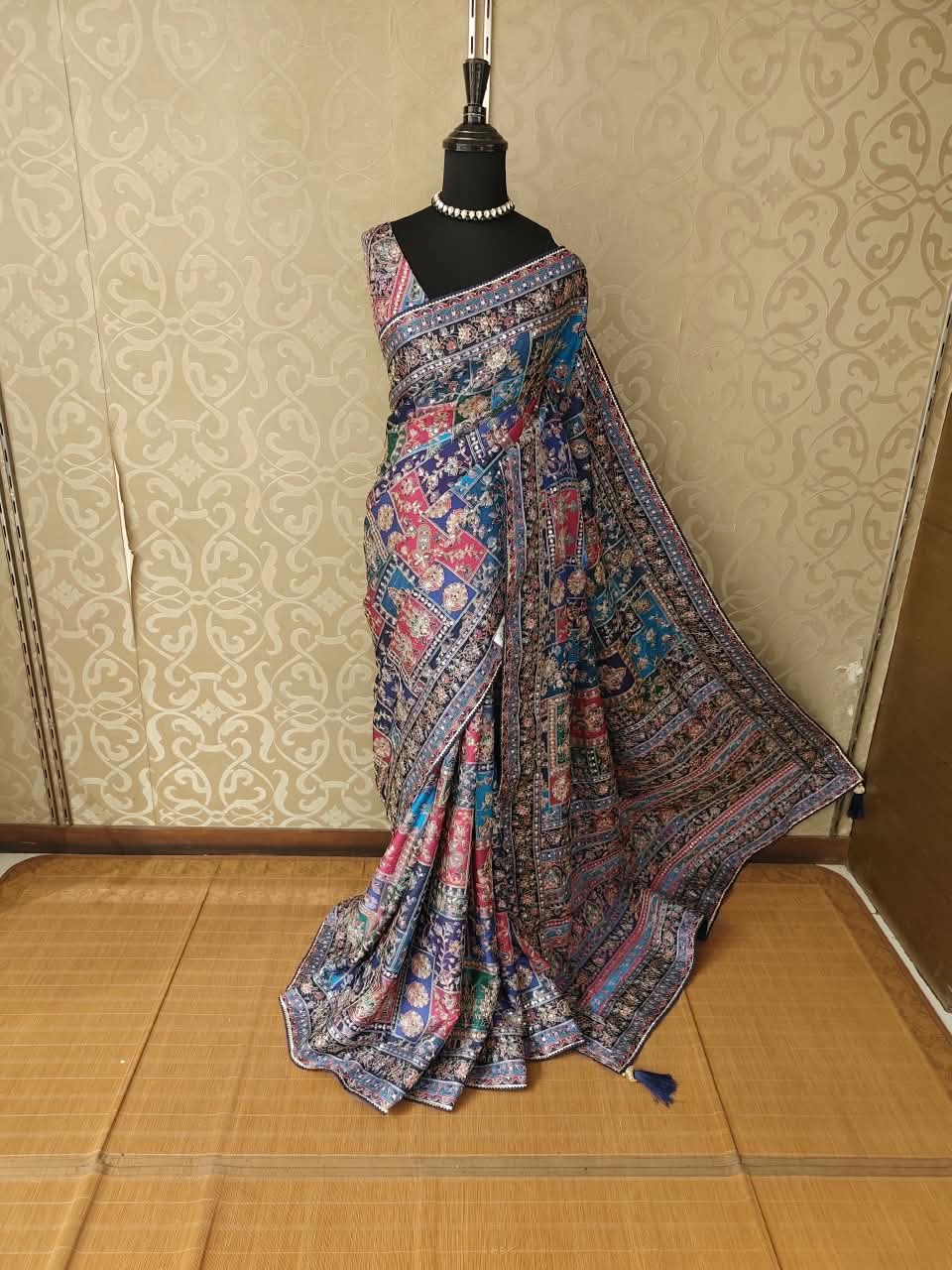 Blue & Multi Crepe Printed Stone Work Saree, With Unstiched Blouse