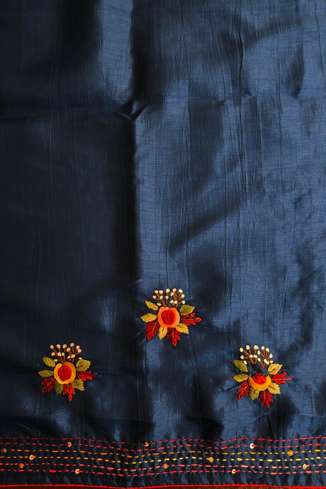 Deep Blue Semi Munga Silk French Knot Hand Embroidery Work Saree, With Unstiched Blouse