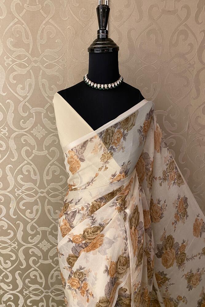 Off-White Brown Floral Printed Chiffon Saree, With Unstiched Blouse Piece
