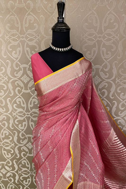 Pink Mysore Crepe Silk Banarasi Saree, With Unstiched Blouse