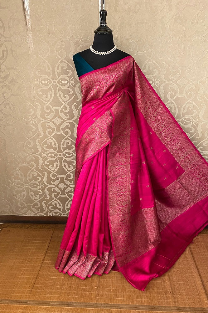 Rani Pure Raw Tussar Banarasi Silk Saree, Hand Woven Motifs With Unstiched Blouse