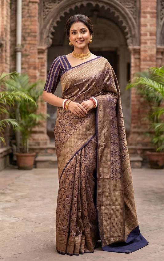 Navy blue Brocade Kora Banarasi silk saree with intricate gold patterns and matching unstiched blouse, traditional Indian wear by Saarang Sarees