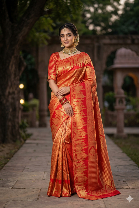 Red Pure Kanjeevaram silk saree with intricate gold zari work and matching unstiched blouse, traditional wear by Saarang Sarees.