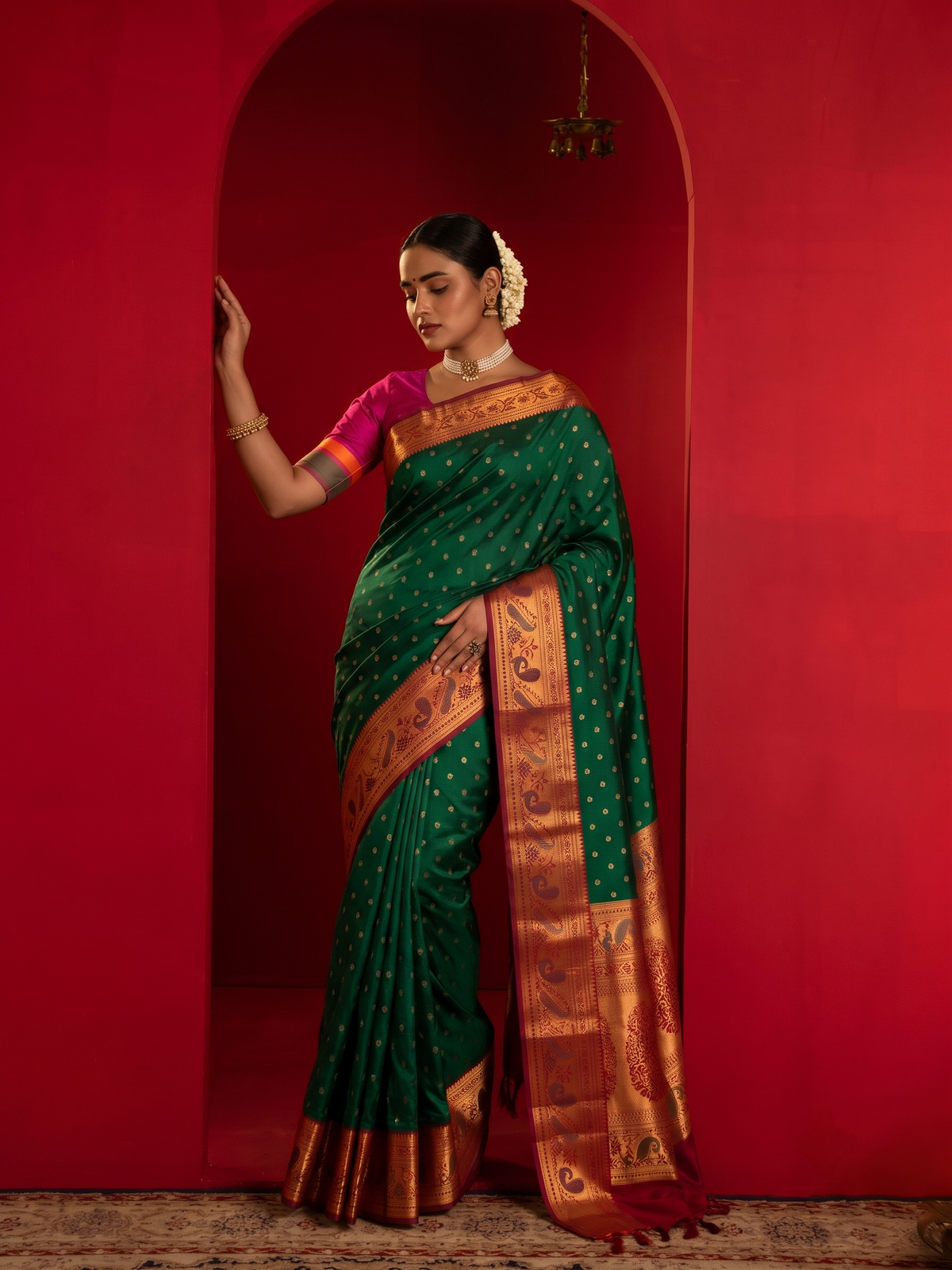 Bottle Green Pure Kanjeevaram Silk Saree, With Unstiched Blouse