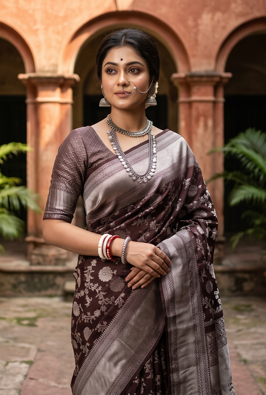Coffe Brown Pure Kanjeevaram Silk Saree, With Unstiched Blouse