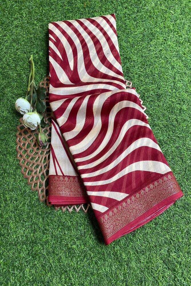 Red and white cotton Chanderi saree from Saarang Sarees with an unstiched blouse, traditional Indian wear.
