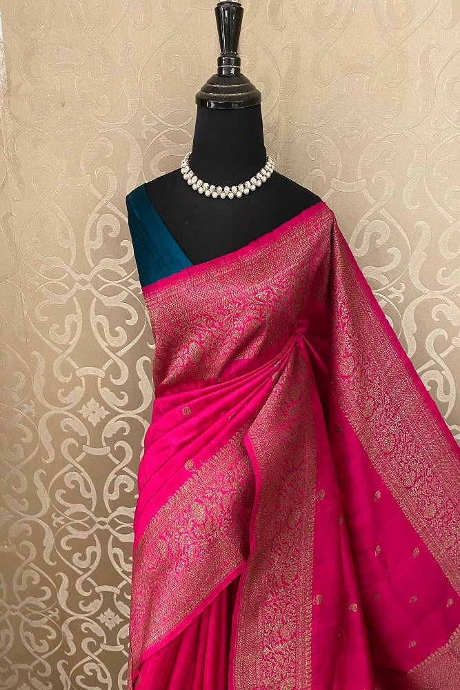 Rani Pure Raw Tussar Banarasi Silk Saree, Hand Woven Motifs With Unstiched Blouse