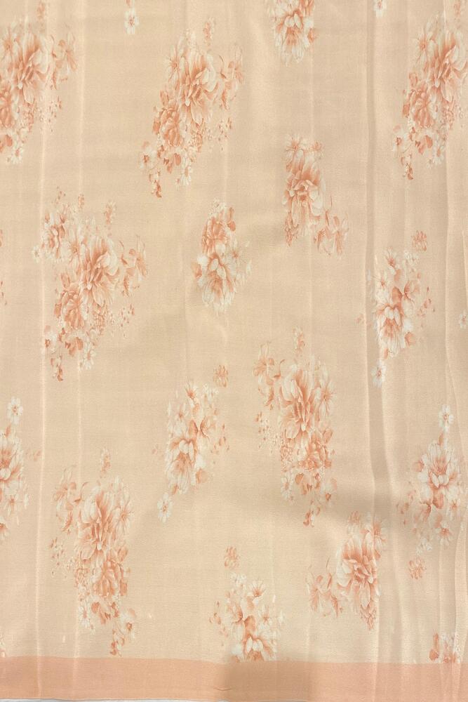 Peach floral printed chiffon saree with unstiched blouse piece, perfect for party wear by Saarang Sarees, displayed on a mannequin.