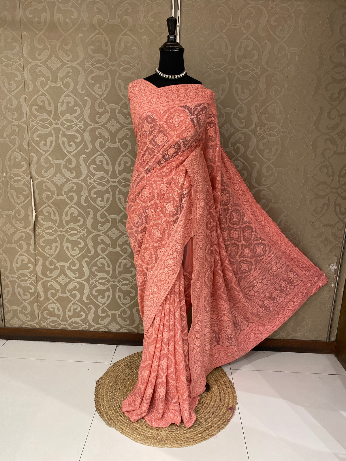 Pink Georgette Chikankari Embroidery Saree, With Unstitched Blouse