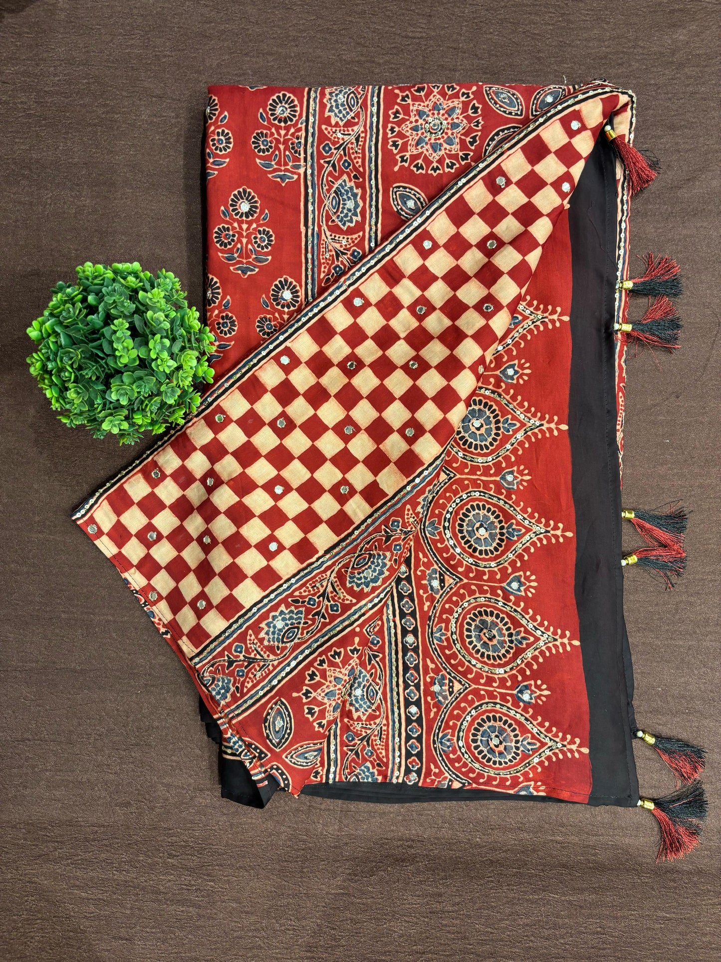 Maroon Pure Modal Silk Ajrakh Printed Saree With Unstiched Blouse