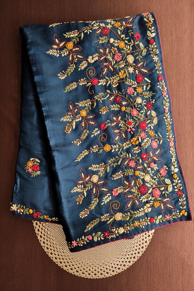 Deep Teal Blue Semi Munga Silk French Knot Hand Embroidery Work Saree, With Unstiched Blouse