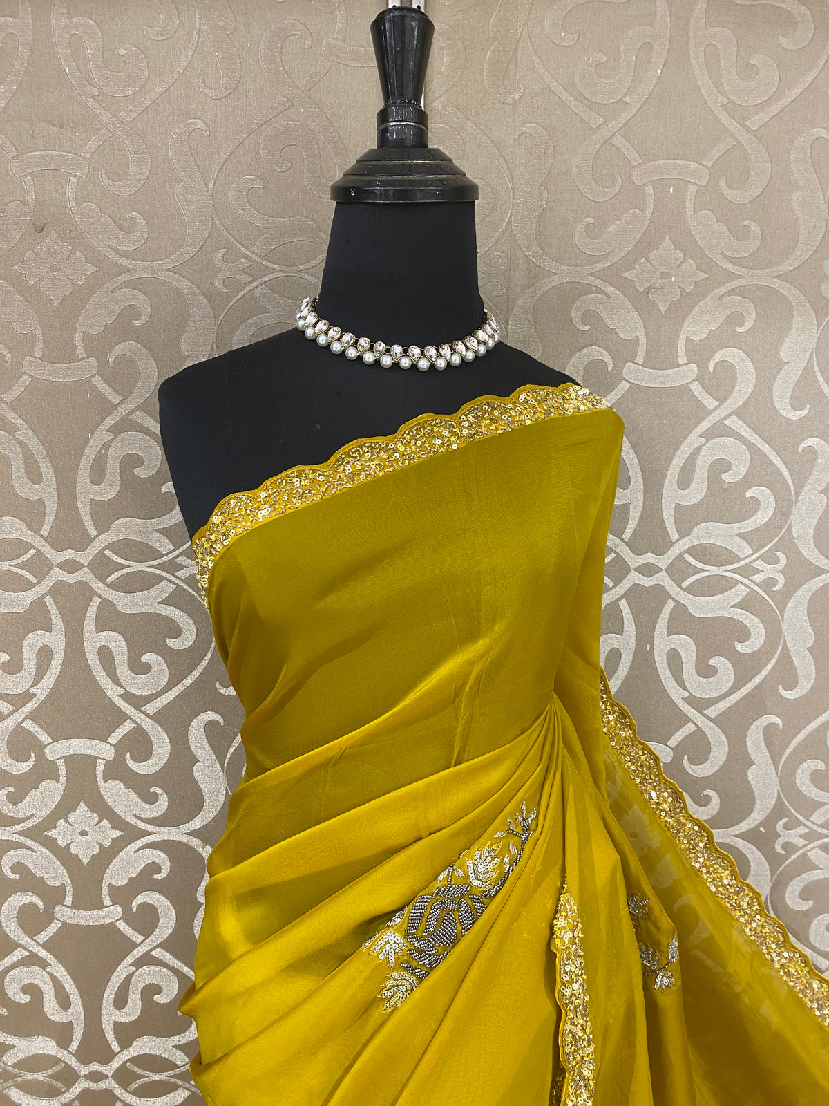 Yellow Organza Silk Embroidery Saree, With Readymade Blouse