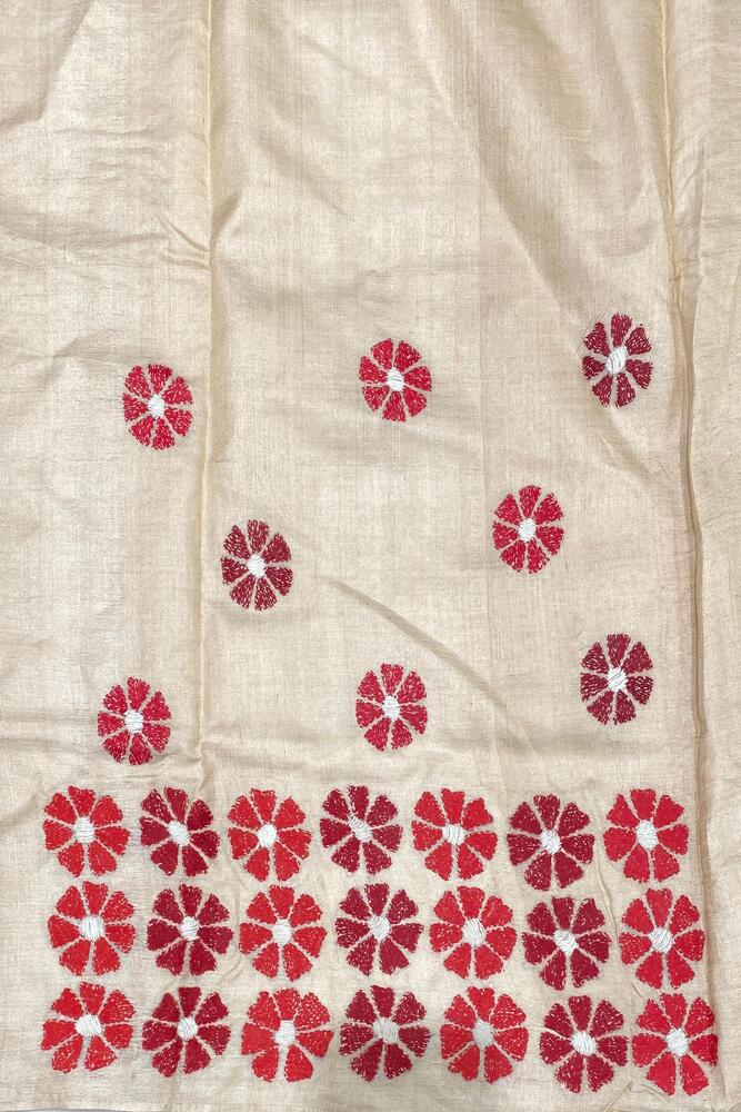 Beige Tussar Embroidery Saree With Kantha Work Border, With Unstitched Blouse