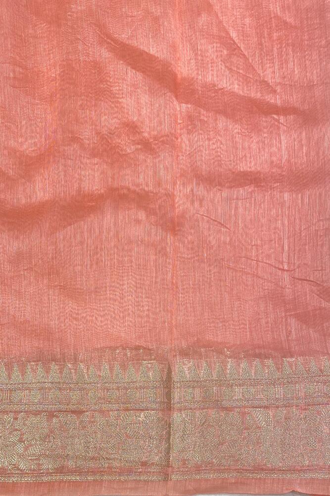 Peach Linen Banarasi Saree With Unstiched Blouse