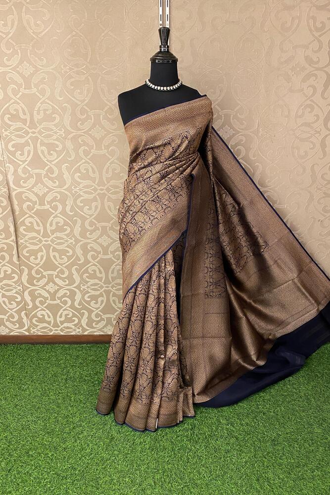 Navy Blue Brocade Kora Banarasi Silk Saree, With Unstiched Blouse