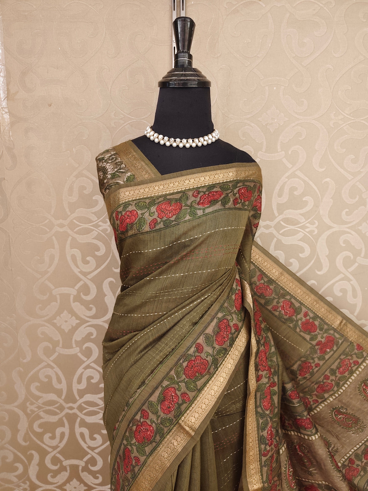 Olive Green Munga Silk Printed Saree With Kantha Work, With Unstich Blouse