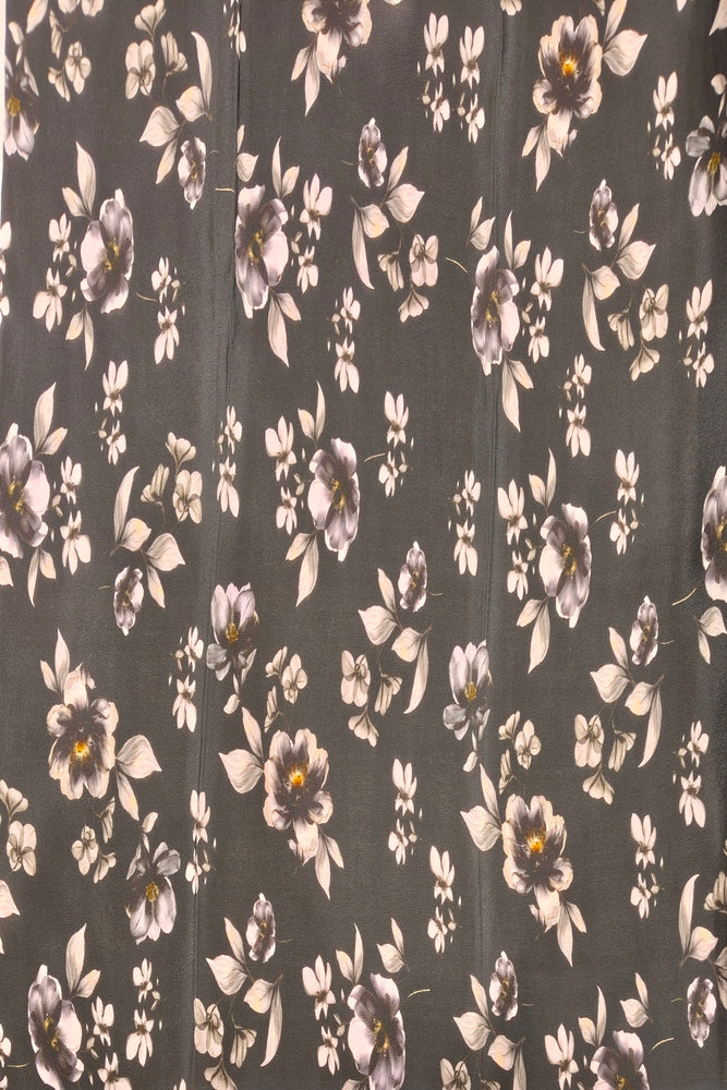 Black Floral Printed Chiffon Saree, With Unstiched Blouse Piece