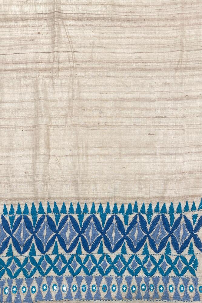Off-White Tussar Embroidery Saree With Kathiawari Work Border, With Unstitched Blouse